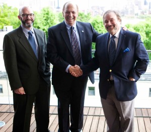 NEMPA President Craig Fitzgerald (left) and veteran NEMPA board member John Lawlor (right) congratulate MotorWeek’s John Davis for his Lifetime Achievement Award, presented at MIT on Thursday, May 29, 2014.