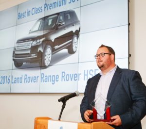 Nathan Hoyt, Product Communications Manager for Jaguar Land Rover North America addresses the crowd at the NEMPA Annual Awards Dinner.