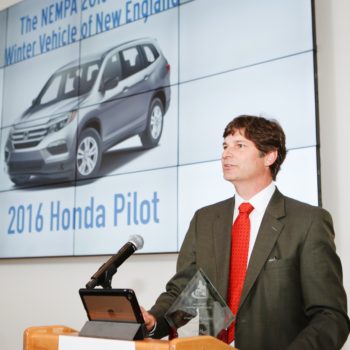 Rudy Mayne, Principal Engineer &
2016 Honda Pilot Engineering Design Leader for Honda R&D Americas, Inc. accepts the award for NEMPA Winter Vehicle of New England.