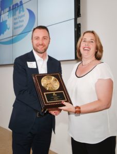 Robert Moran, Director of Corporate Communications at Mercedes-Benz USA and NEMPA’s vice president, Nicole Waklin at the NEMPA awards dinner at the MIT Media Lab on May 26, 2016. (David Tucker Photography)